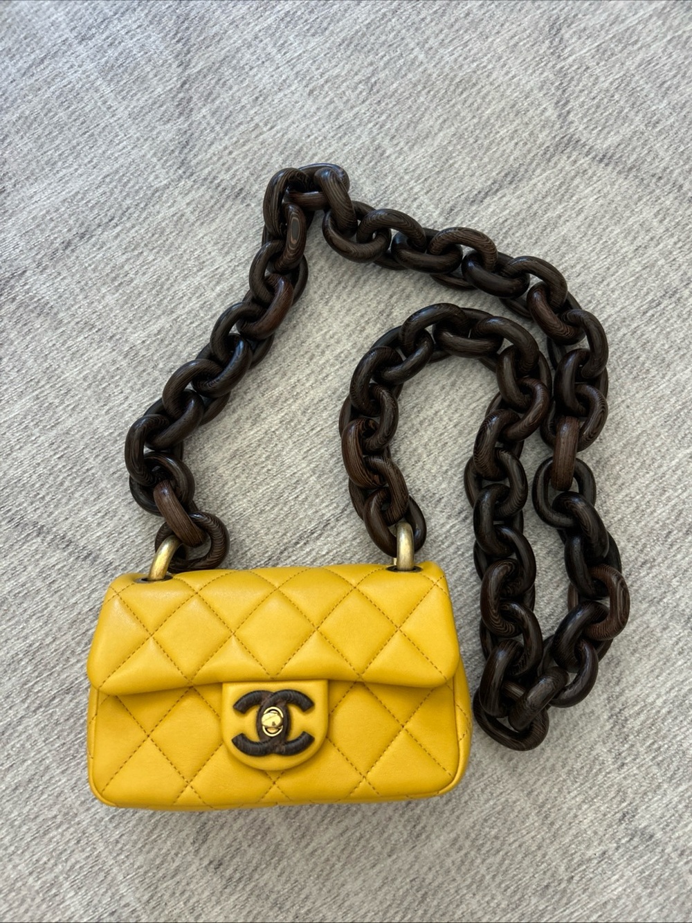 CHANEL Yellow Quilted Mini Flap Bag with Dark Wood Brown Chunky Chain - Picture 1 of 7
